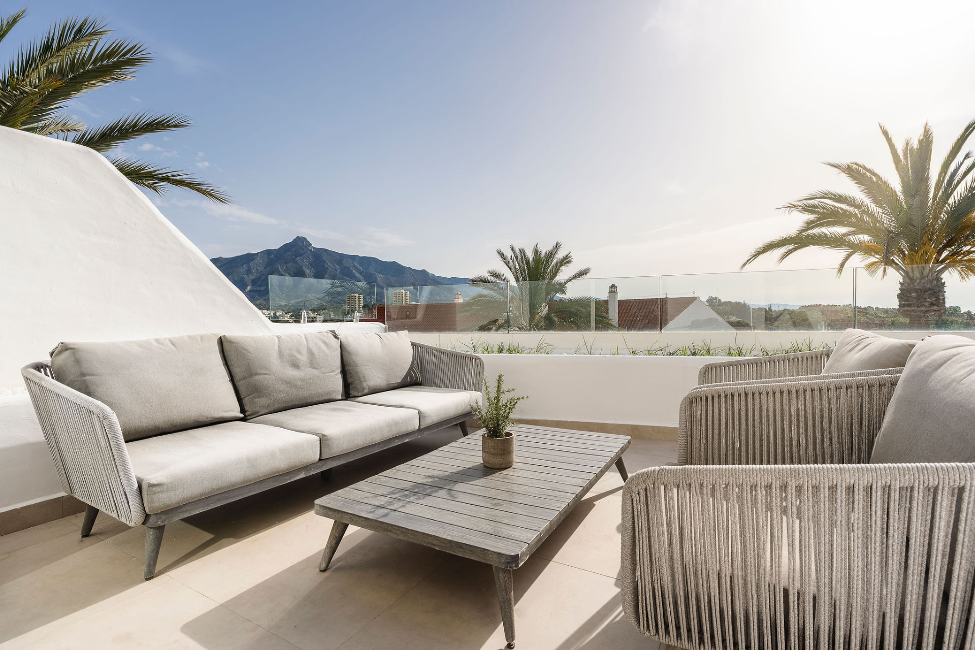 Terrace lounge at Jardines de Andalucía looking towards La Concha